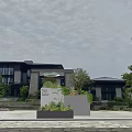 Bonsai Potted Plants with Xin Lake Pavilion Greenery and White Gray Square Structures