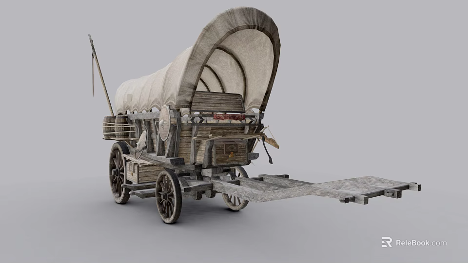 Vintage Covered Wagon With Wooden Structure Canvas Roof Large Wheels And Wooden Tongue 3d model 