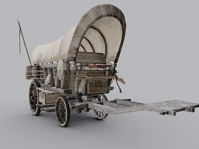 Vintage Covered Wagon With Wooden Structure Canvas Roof Large Wheels And Wooden Tongue 3d model