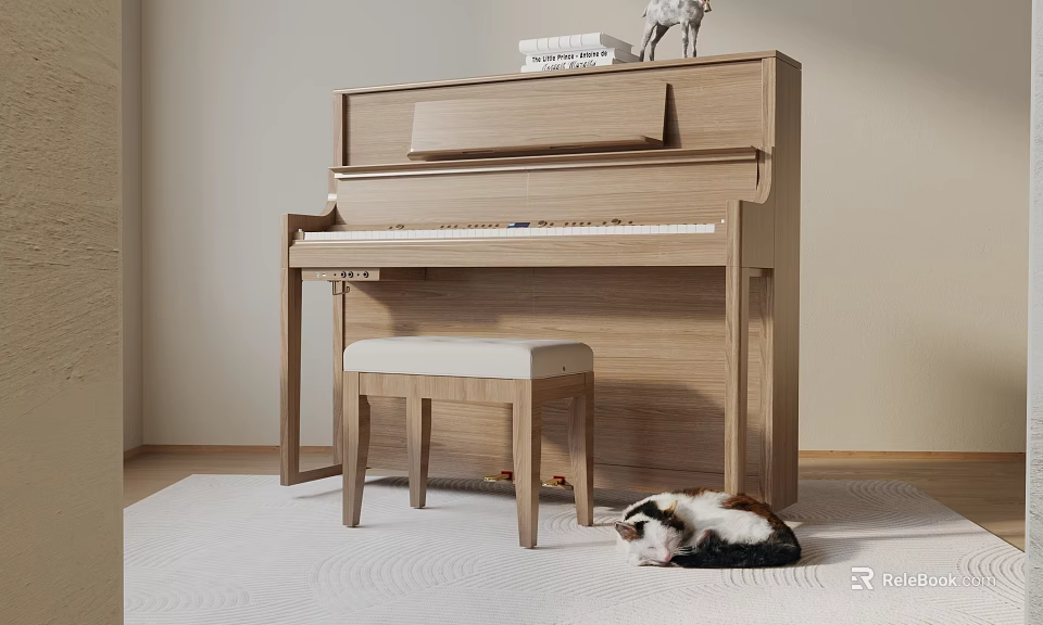 Wooden Upright Piano Musical Instrument in Living Room with Stool and Cat on Carpet 3d model 