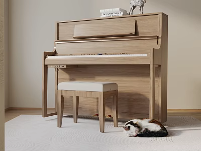 Wooden Upright Piano Musical Instrument in Living Room with Stool and Cat on Carpet 3d model