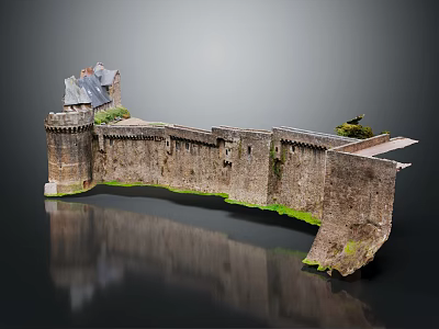 Ancient Fortress Model Featuring Stone Walls And Wooden Roof Details On Reflective Surface 3d model