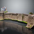 Ancient Fortress Model Featuring Stone Walls And Wooden Roof Details On Reflective Surface
