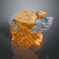 Ancient Axe On Golden Pedestal With Pentagram Platform And Blue Bottle