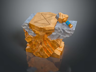 Ancient Axe On Golden Pedestal With Pentagram Platform And Blue Bottle 3d model