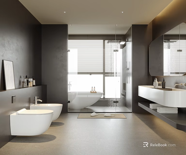 Sleek Modern Dark Tone Bathroom With Natural Light Freestanding Tub And Premium Wall Mounted Fixtures 3d model 