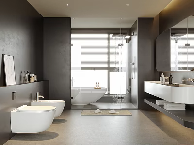 Sleek Modern Dark Tone Bathroom With Natural Light Freestanding Tub And Premium Wall Mounted Fixtures 3d model