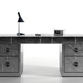 Modern Metallic Office Desk With Drawers Black Lamp Notebook And Small Box