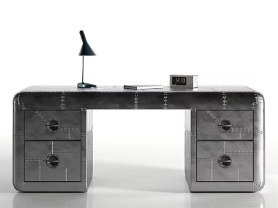 Modern Metallic Office Desk With Drawers Black Lamp Notebook And Small Box 3d model