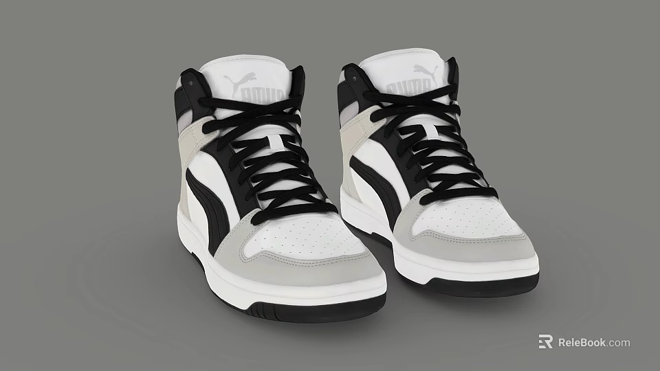 White Gray Black High Top Sports Sneakers with Modern Lace Up Design and Style 3d model 