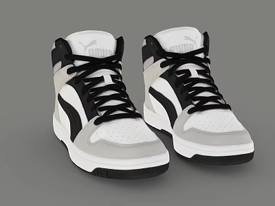 White Gray Black High Top Sports Sneakers with Modern Lace Up Design and Style 3d model