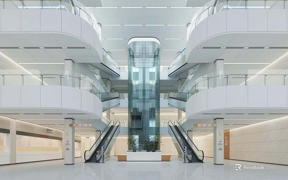 Modern Hospital Outpatient Clinic Lobby With Escalators And Elevator 3d model 