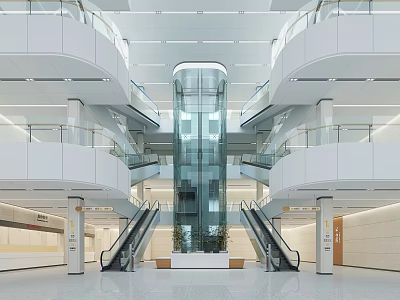 Modern Hospital Outpatient Clinic Lobby With Escalators And Elevator 3d model