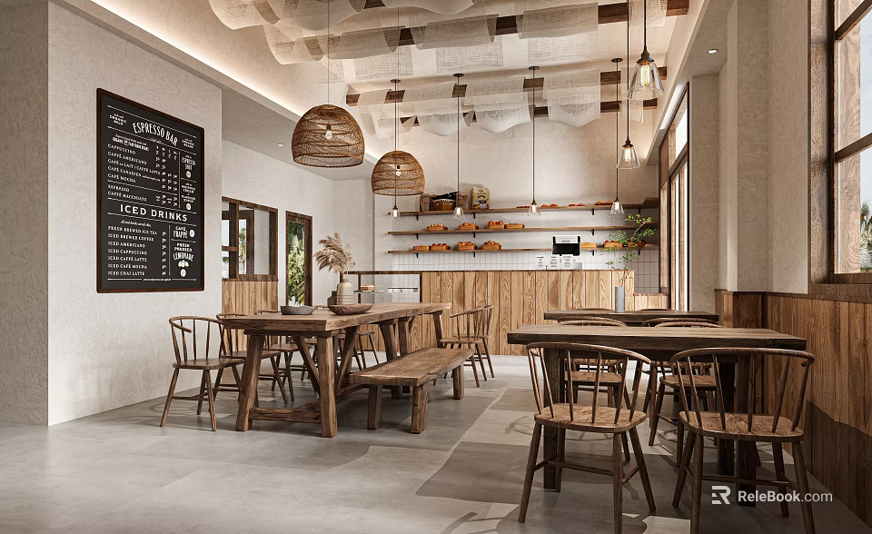 Cozy Dessert Shop Interior With Wooden Furniture Display Shelves And Menu Board 3d model 