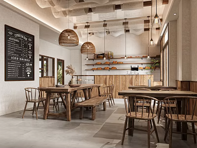 Cozy Dessert Shop Interior With Wooden Furniture Display Shelves And Menu Board 3d model