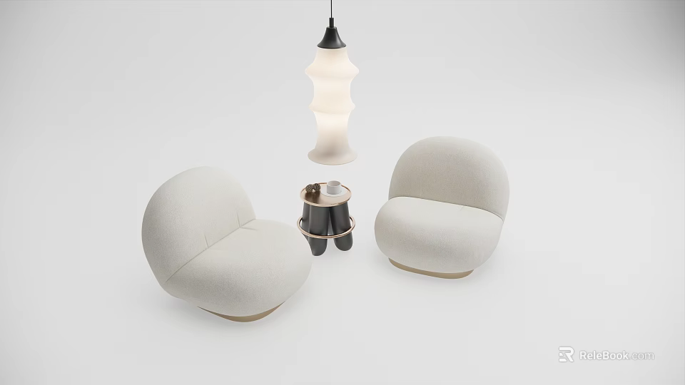 Modern Light Beige Single Sofa With Round Shape Side Table And Pendant Lamp 3d model