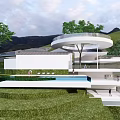 Modern Detached Villa With White Circular Roof Glass Facade Swimming Pool And Lush Greenery
