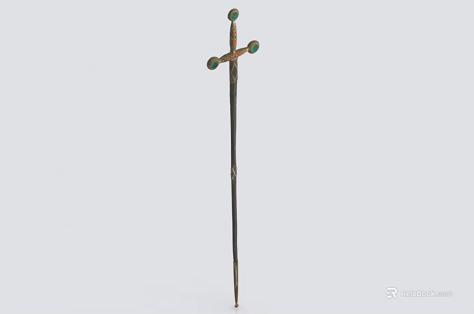 Ancient Decorative Sword With Cross Shaped Hilt And Green Gemstone Accents 3d model 