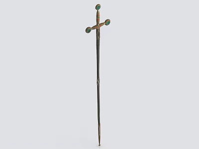 Ancient Decorative Sword With Cross Shaped Hilt And Green Gemstone Accents 3d model
