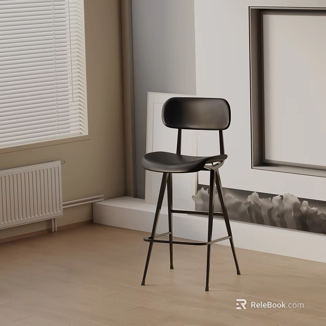Modern Black Bar Stool With Seat Backrest And Metal Frame In Light Colored Room With Wooden Floor 3d model 