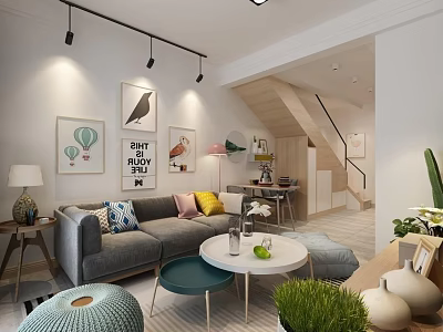 Modern Living Room Featuring Gray Sofa Colorful Pillows Round Coffee Table Green Plants Decorative Paintings 3d model