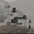 Modern Dressing Table Interior With Round Mirror Gray Stool Potted Plant And Patterned Rug