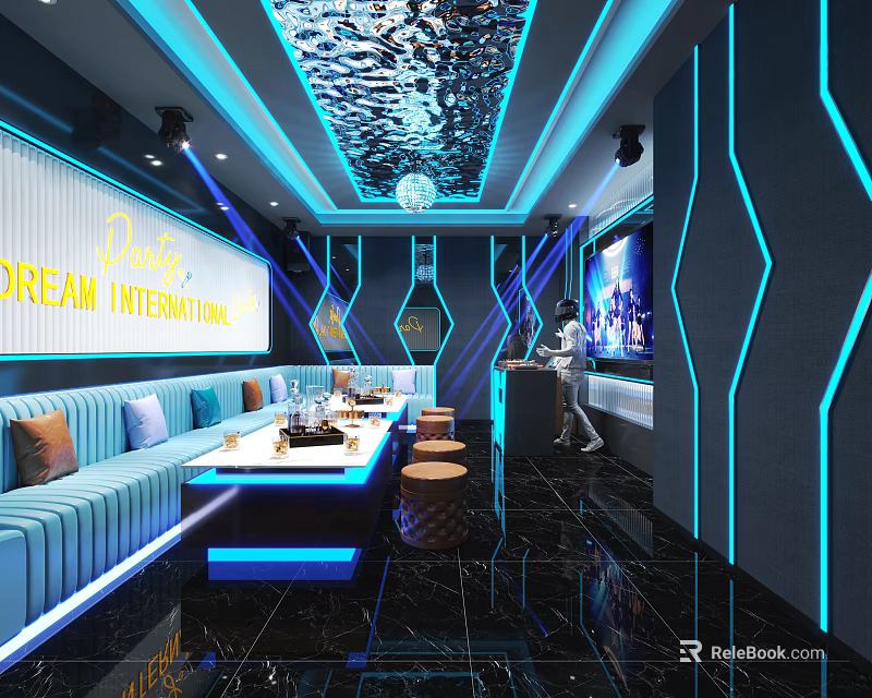 Modern KTV Room Interior With Blue Lighting And Seating 3d model 