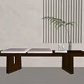 Long Wooden Bench With White Cushions Transparent Vase Green Plant Against Light Wall Vertical Stripes