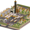 Cartoon Industrial Plant Scene with Silos Crane Trucks Buildings and Trees