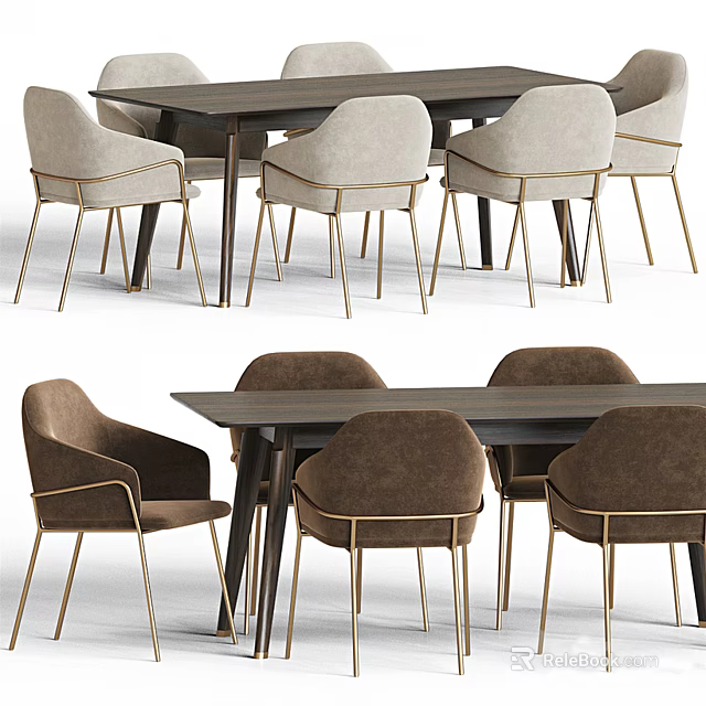 Modern Dining Table Set With Beige And Brown Velvet Chairs And Metal Legs 3d model 