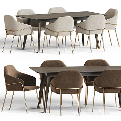 Modern Dining Table Set With Beige And Brown Velvet Chairs And Metal Legs 3d model