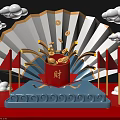 Chinese Traditional Wealth Container With Gold Coins Fan Background And Red Flags