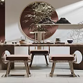 Traditional Chinese Tea Room Interior With Wooden Table Stools Bamboo Plant And Circular Decor