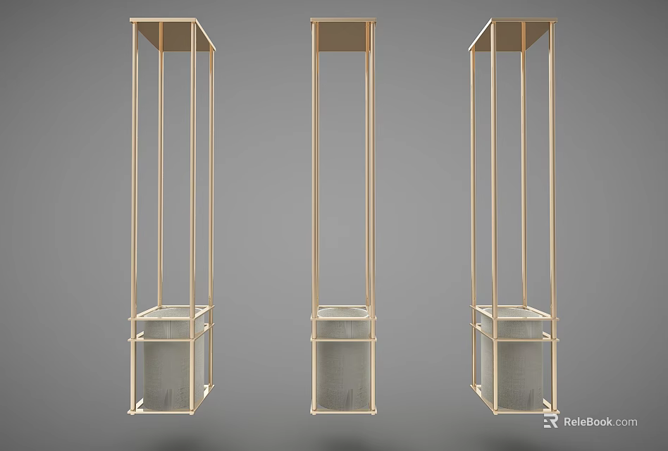 Modern Golden Chandelier Set With Three Vertical Metal Frames And Gray Shades 3d model 