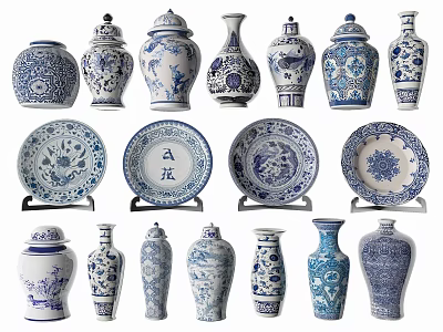 Traditional Blue and White Ceramic Wares with Vases Jars Decorative Plates and Classic Patterns 3d model