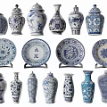 Traditional Blue and White Ceramic Wares with Vases Jars Decorative Plates and Classic Patterns