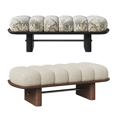 Stylish Decorative Benches Featuring Floral Pattern And Plain Padded Cushions With Wooden Base 3d model