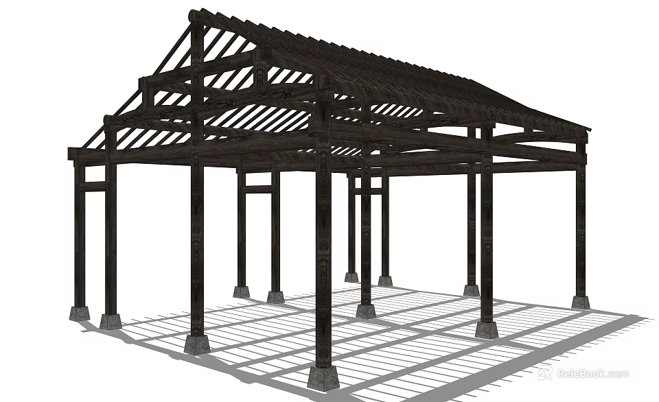 Outdoor Wooden Pergola Structure With Columns And Latticed Roof Design 3d model 