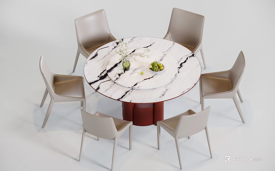 Round Dining Table Set with Marble Top Red Base and Six Light Gray Leather Chairs 3d model
