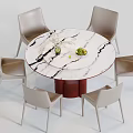 Round Dining Table Set with Marble Top Red Base and Six Light Gray Leather Chairs 3d model