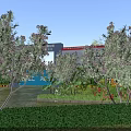Clear Blue Sky Scenery With Lush Flowering Trees And Dense Green Shrubs By Factory Gate
