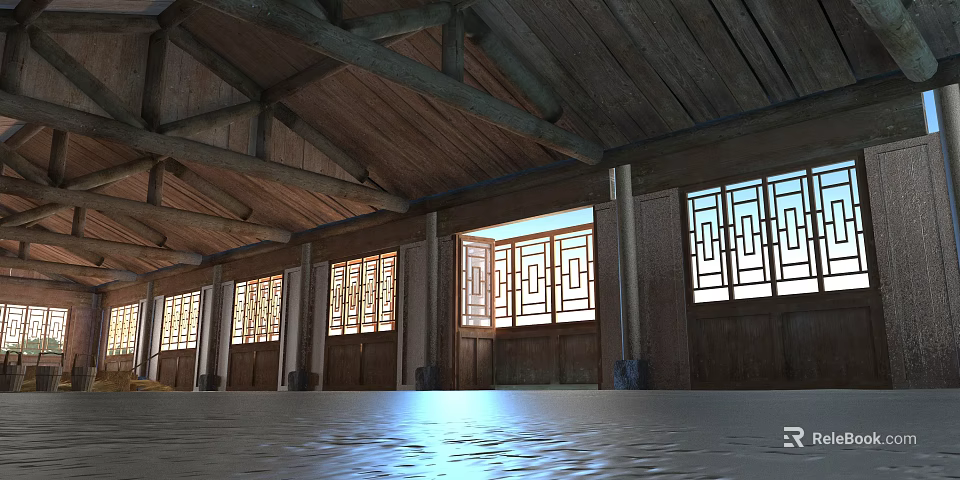 Traditional Wooden Casement Doors With Lattice Design In Indoor Wooden Ceiling Space 3d model 