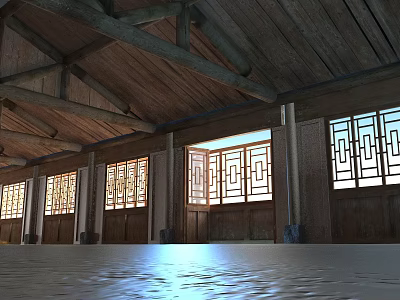 Traditional Wooden Casement Doors With Lattice Design In Indoor Wooden Ceiling Space 3d model