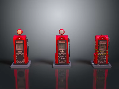 Three Vintage Red Gas Pumps With Classic Retro Design On 3d model