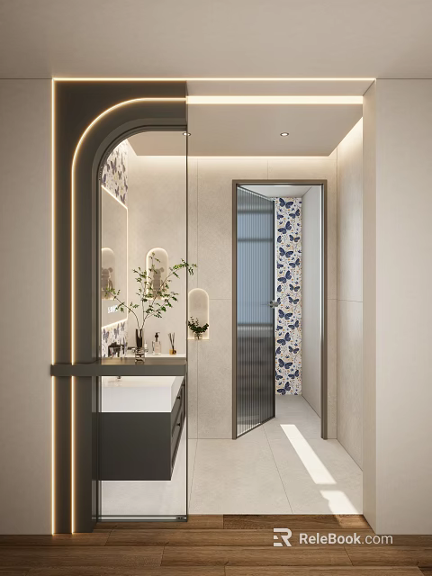 Modern Bathroom Interior With Glass Partition Patterned Tiles And Vanity Mirror 3d model