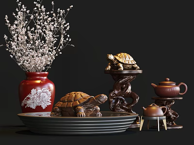 Decorative Ornament Set With Red Vase White Flowers Turtle Ornaments Teapot And Carved Stands 3d model