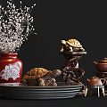 Decorative Ornament Set With Red Vase White Flowers Turtle Ornaments Teapot And Carved Stands