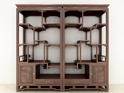 Traditional Chinese Wooden Curio Cabinet With Carved Storage Cabinets And Multi Tiered Display Design 3d model