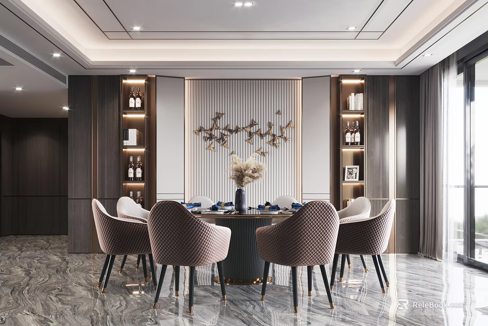 Elegant Modern Restaurant Interior With Round Table Upholstered Chairs Wine Racks And Branch Wall Art 3d model 