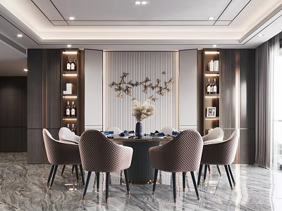 Elegant Modern Restaurant Interior With Round Table Upholstered Chairs Wine Racks And Branch Wall Art 3d model